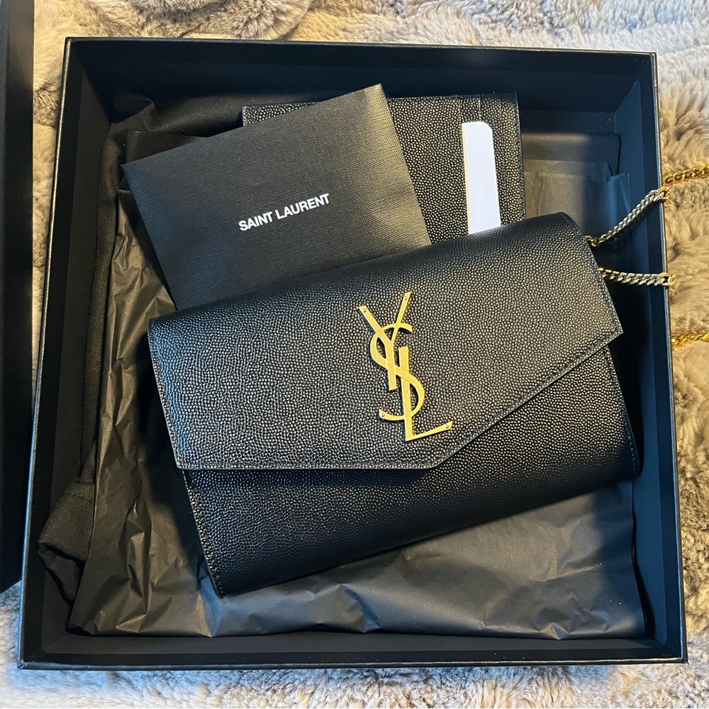Saint Laurent YSL UPTOWN CHAIN WALLET IN GRAIN DE POUDRE EMBOSSED LEATHER